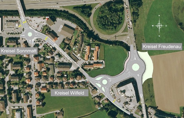 Hauptstrasse 16 / Autostrasse T16 | Kreisel Sonnmatt, Kreisel Wil Sonnmatt | Kreisel Rickenbach Sonnmatt | Kreisel Wilfeld | Kreisel Wil Wilfeld | Kreisel Rickenbach Wilfeld | Kreisel Freudenau | Kreisel Wil Freudenau | Die 3 Wiler Kreisel | Umfahrung Rickenbach