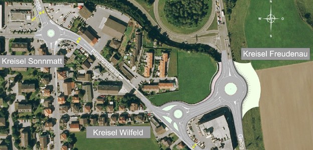 Hauptstrasse 16 / Autostrasse T16 | Kreisel Sonnmatt, Kreisel Wil Sonnmatt | Kreisel Rickenbach Sonnmatt | Kreisel Wilfeld | Kreisel Wil Wilfeld | Kreisel Rickenbach Wilfeld | Kreisel Freudenau | Kreisel Wil Freudenau | Die 3 Wiler Kreisel | Umfahrung Rickenbach