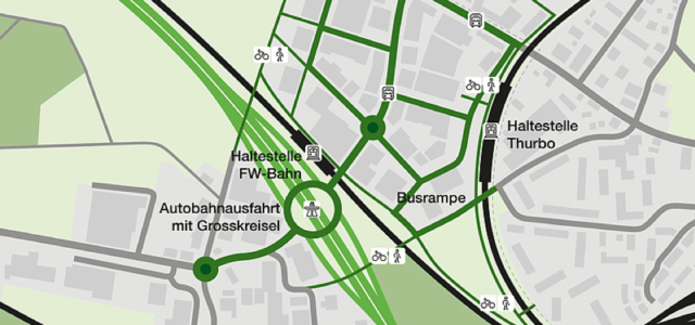 Autobahn A1 / Autostrasse T16 | Anschluss Wil West | Kreisel Wil West | Haltestelle FW Bahn Wil West | Haltestelle Thurbo Wil West | Gloten | Wil West